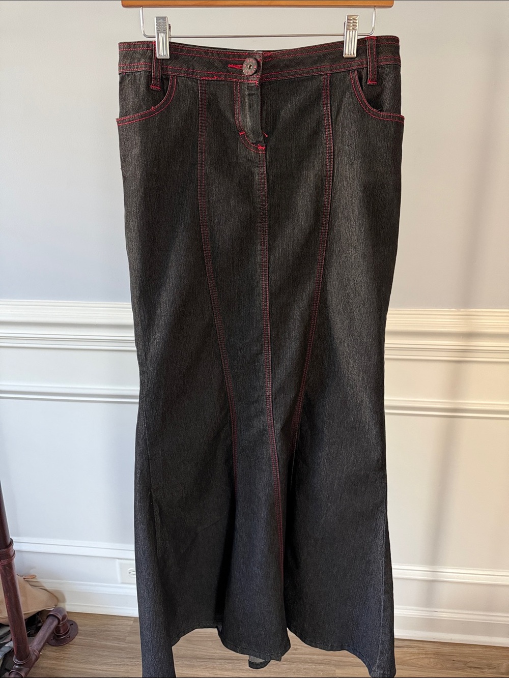 Vintage Y2K Bisou Bisou Black Denim Mermaid Maxi Skirt Red Stitching Sz 4